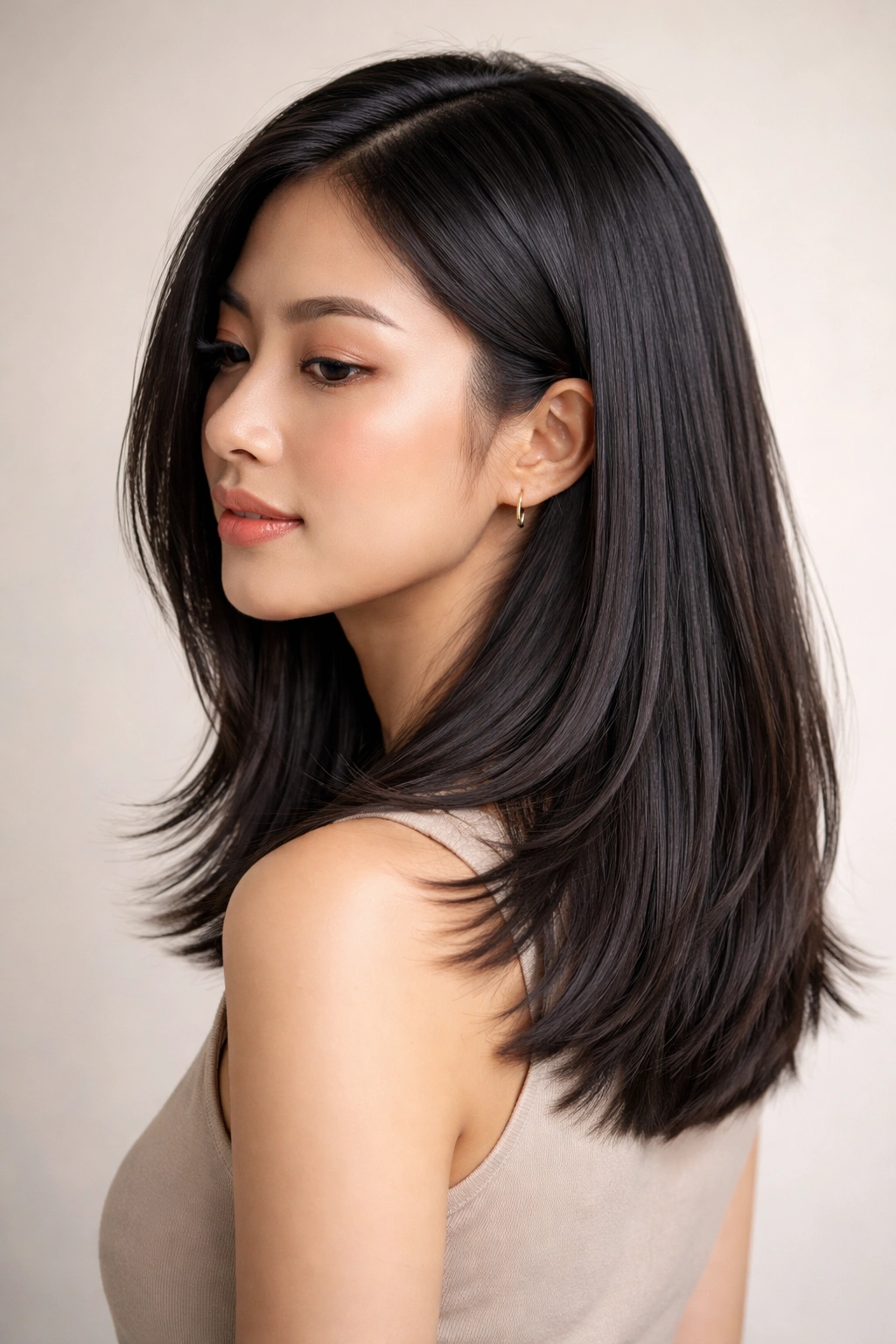 Straight lob haircut with subtle layers and glossy finish