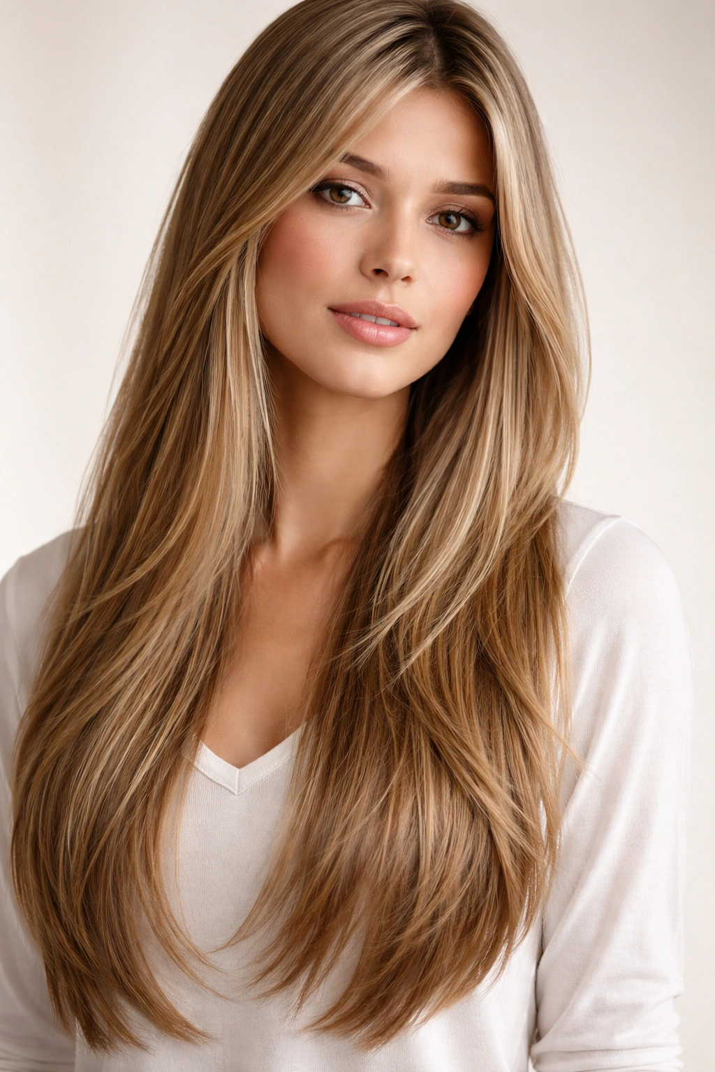 Portrait of straight hair with long mid-length layers and density.