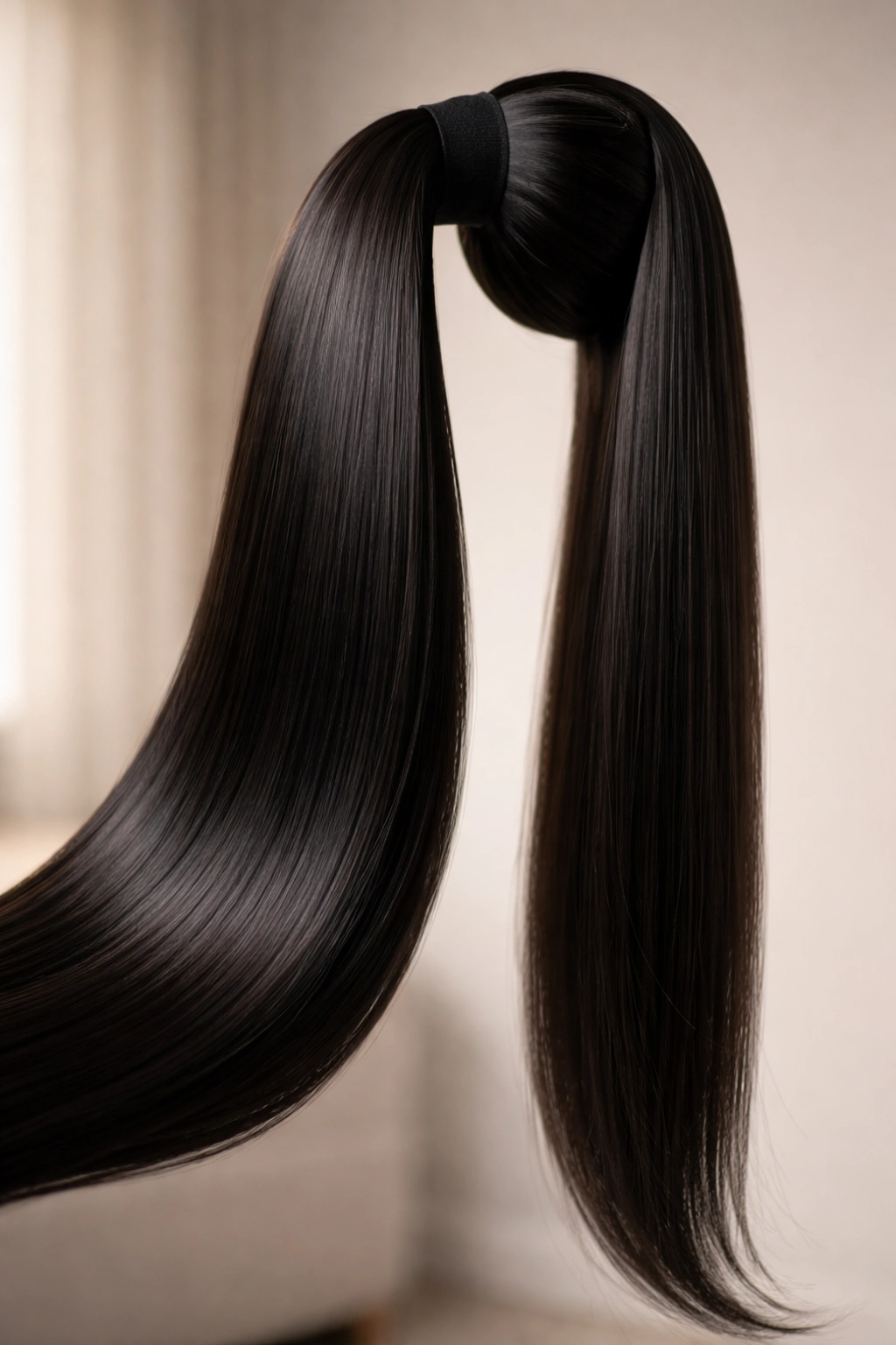 Close-up of straight ponytail extension with glossy finish