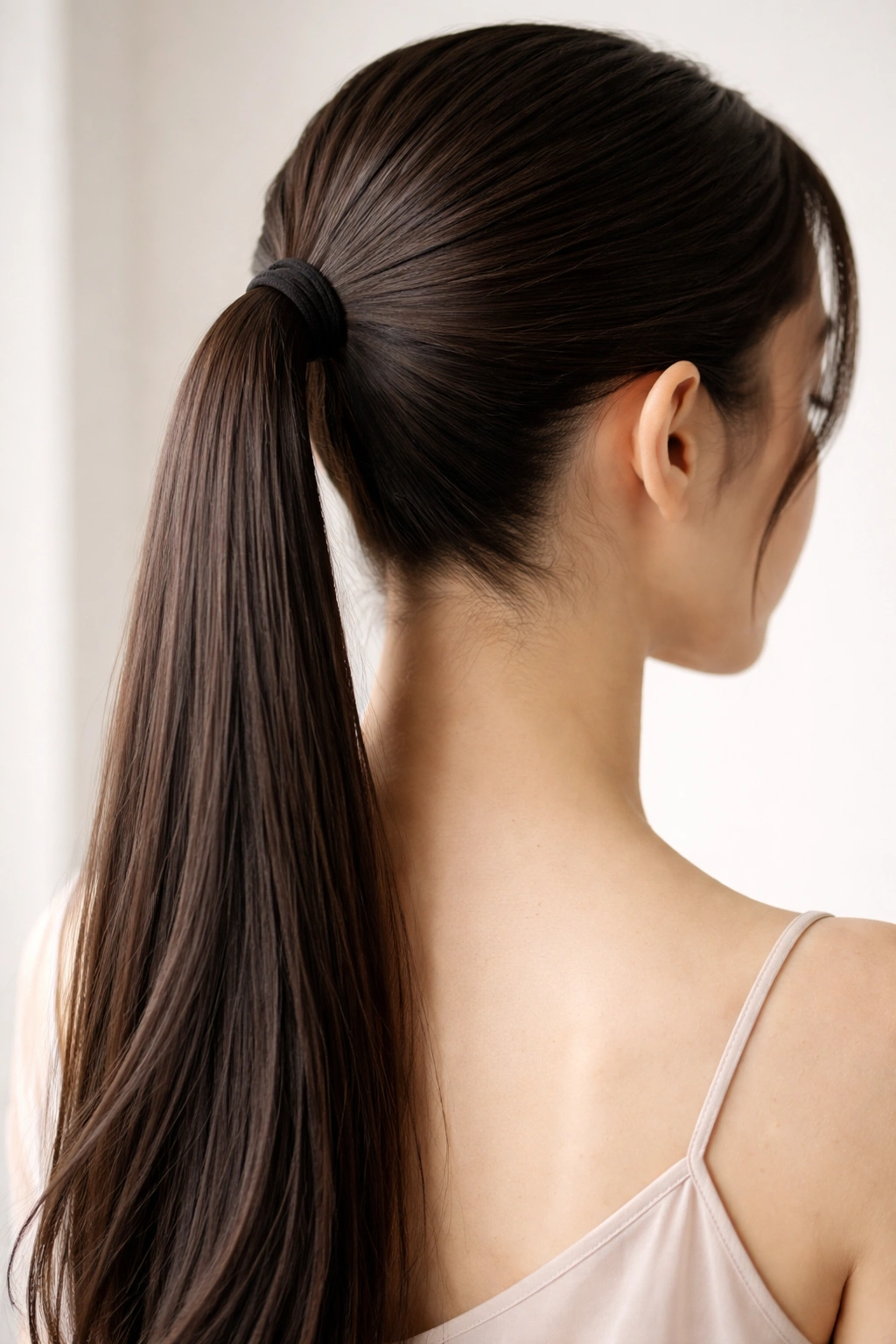 Close-up of straight ponytail with barely-there texture catching light in studio