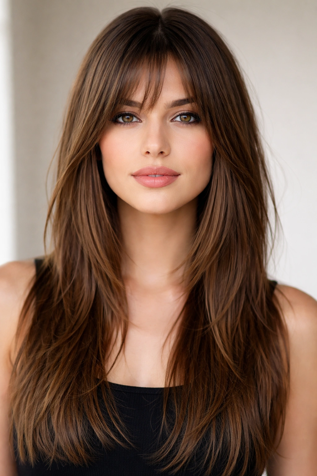 Model with straight shag haircut showing long front and layered texture.