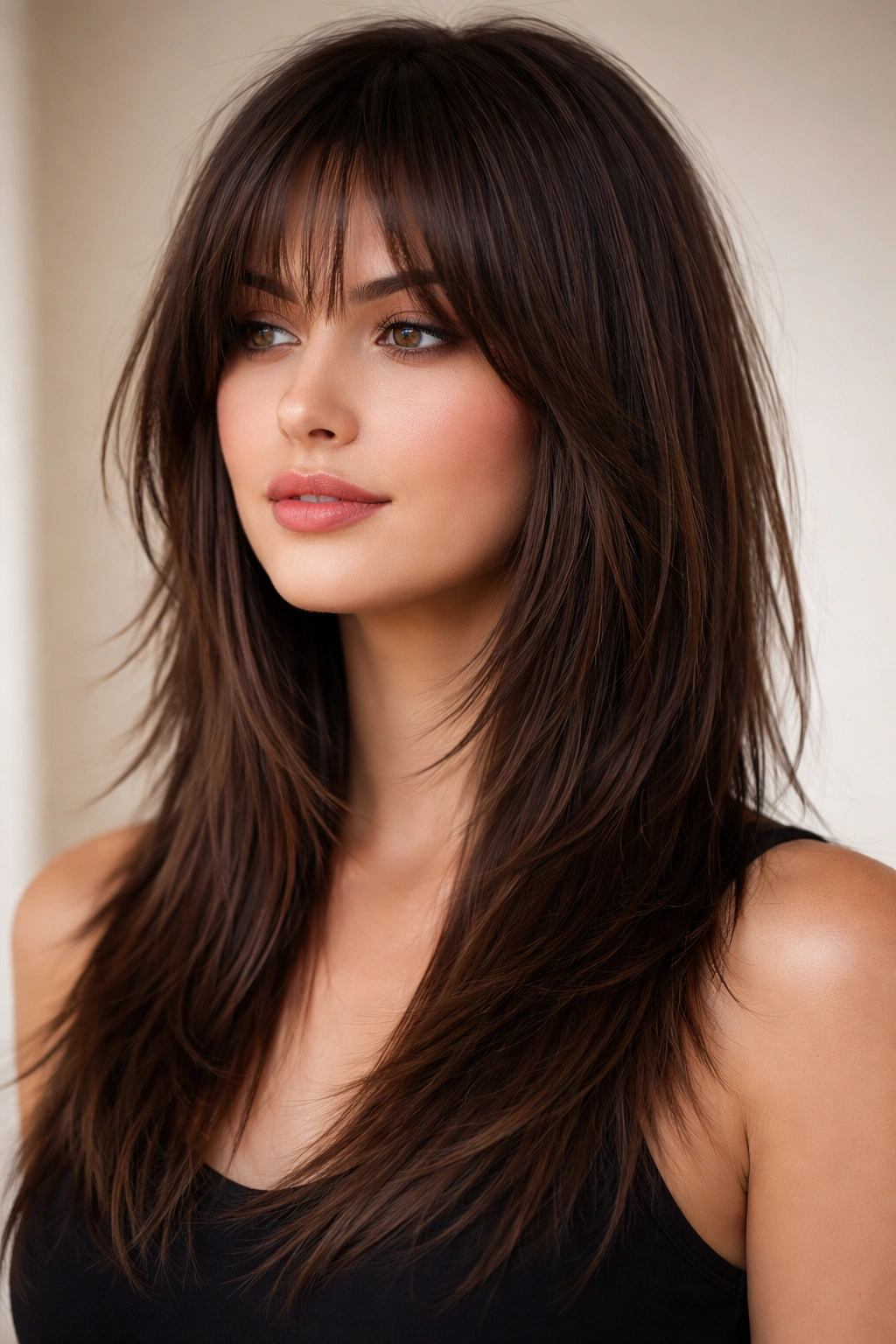 Straight shag with choppy layers showing textured, straight hair