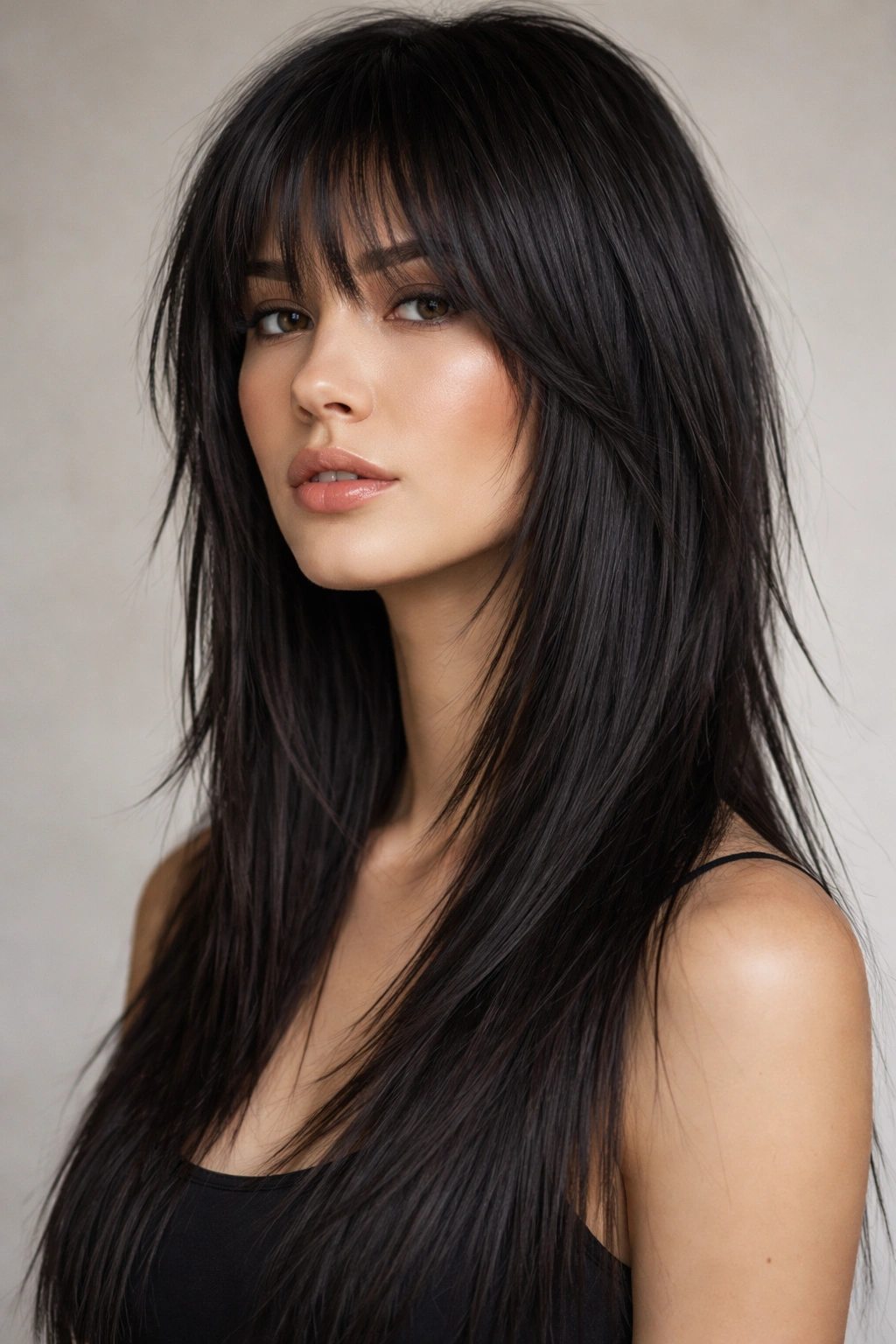 Close-up of pin-straight hair with graphic shag layers showing distinct top and bottom lengths.