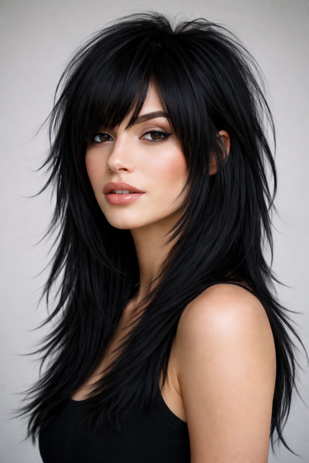 Jet-black straight hair with textured shag layers showing movement