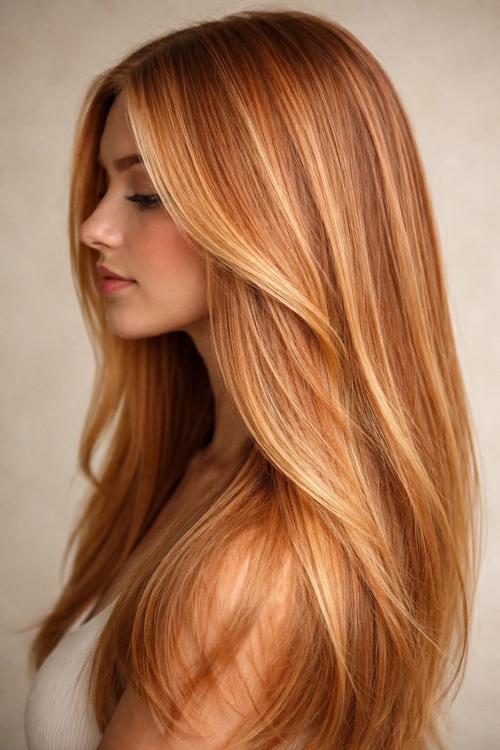 Strawberry blonde balayage on straight hair with sun-kissed strawberry and golden tones