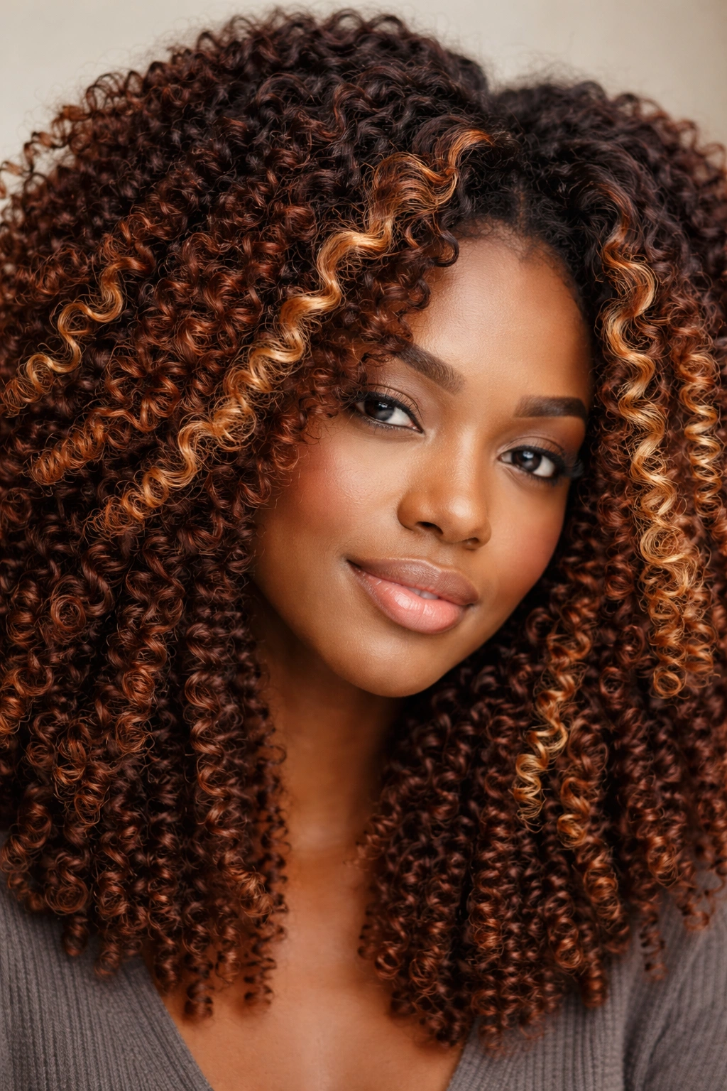 Close-up of deep-coil hair with strawberry blonde highlights and warm dimension