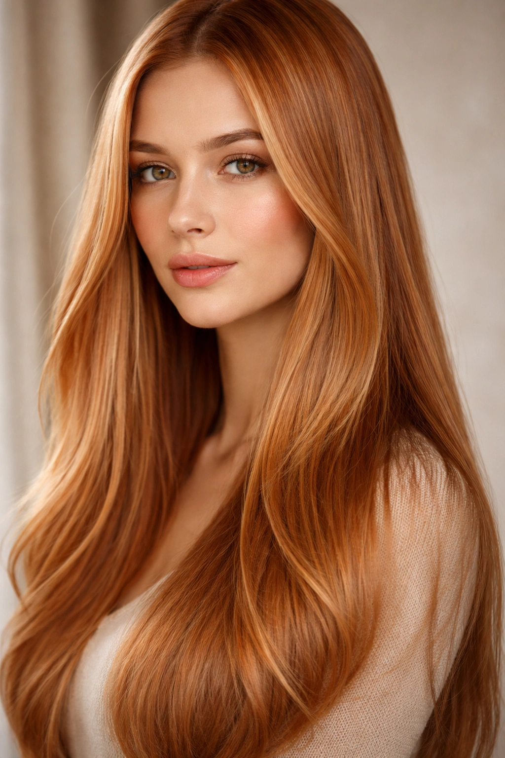Close-up of straight strawberry blonde hair showing coppery warmth.