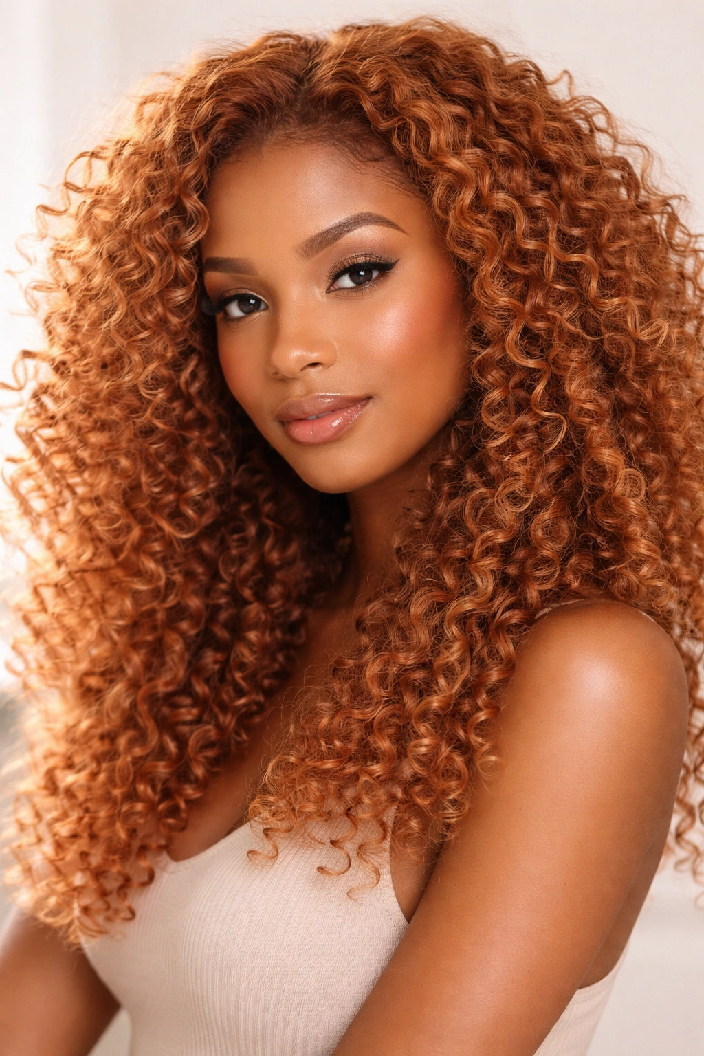Close-up of strawberry blonde coily hair with peachy-red highlights