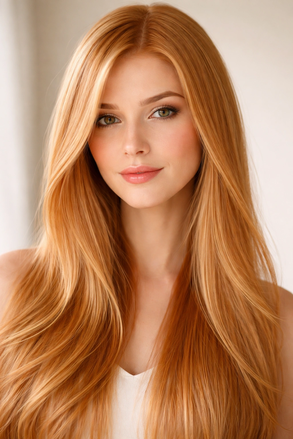 Close-up of straight strawberry blonde hair with glossy shine and warm tones