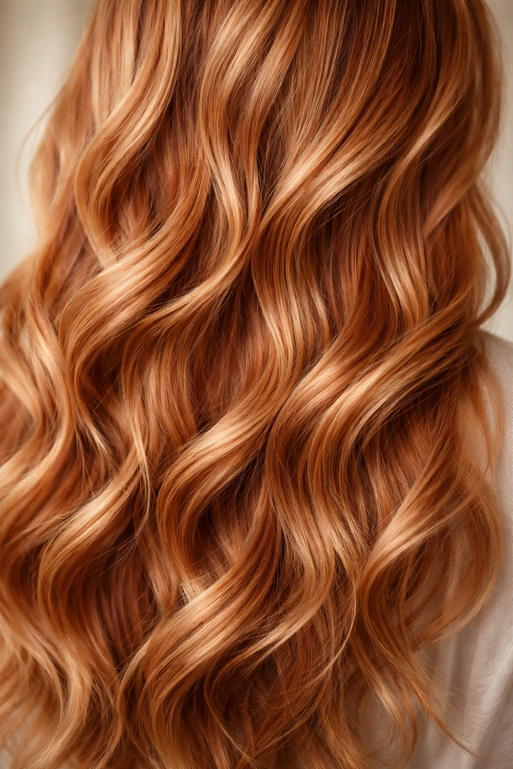 Close-up of long strawberry blonde hair with subtle dimensional highlights and soft waves