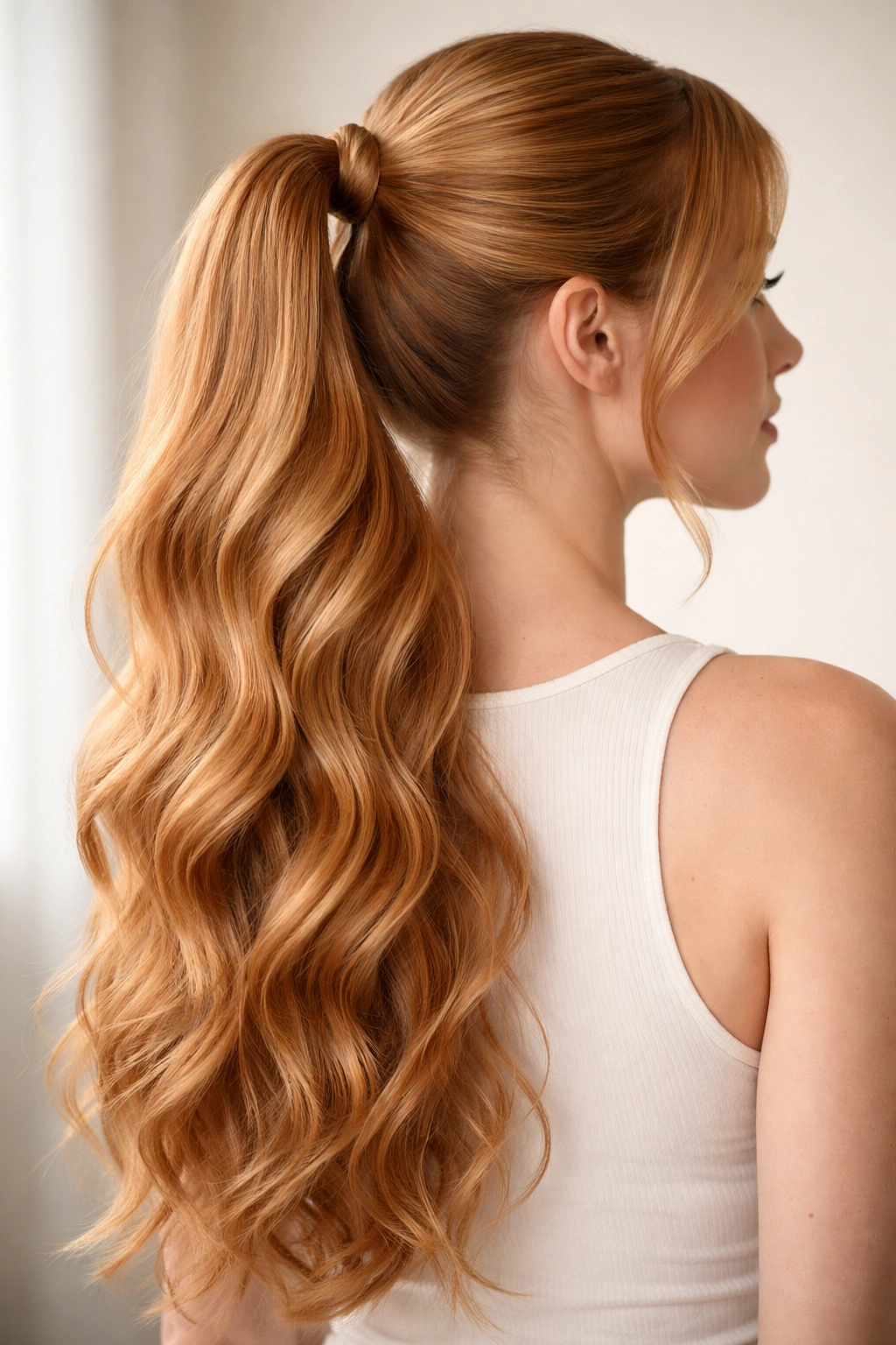 Strawberry blonde hair in a loose-wavy ponytail with visible waves