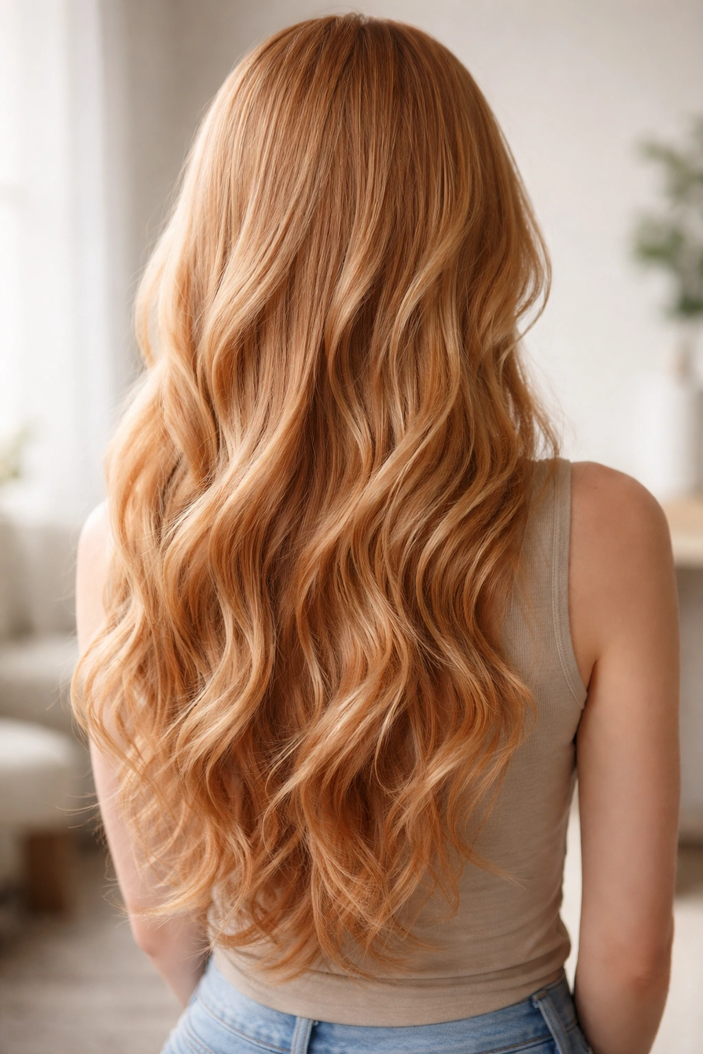 Long strawberry blonde hair with smooth roots and textured ends in a soft undone style