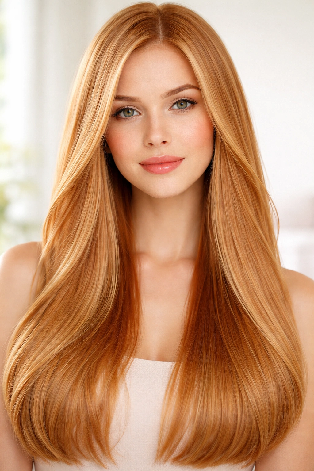 Close-up of strawberry ginger blonde hair on straight strands with warm blend