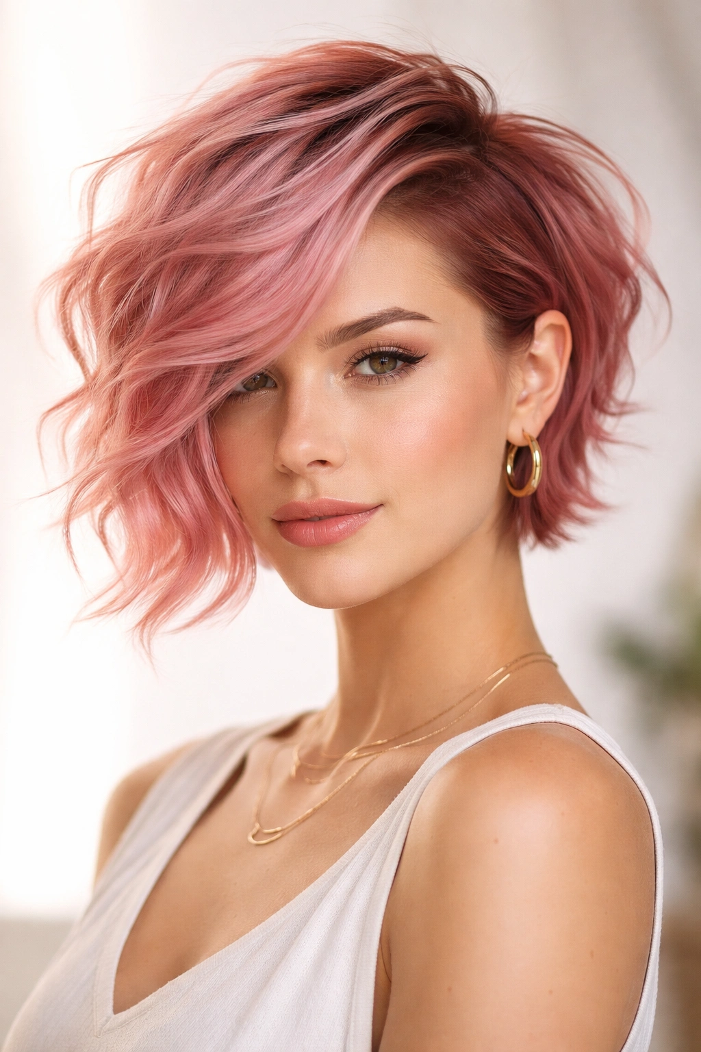 Strawberry pink short waves with asymmetrical styling.