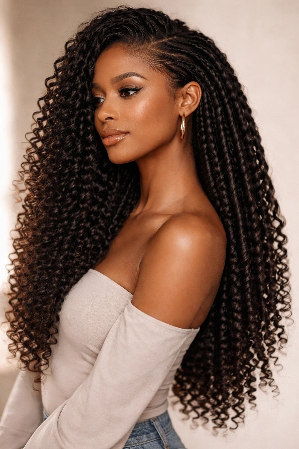 Long stretched coils with a side-swept hairstyle on natural hair