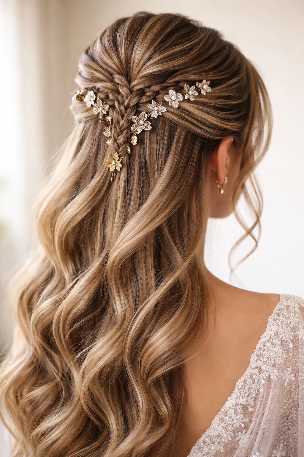 Structured half-up hairstyle with decorative pins and braided elements