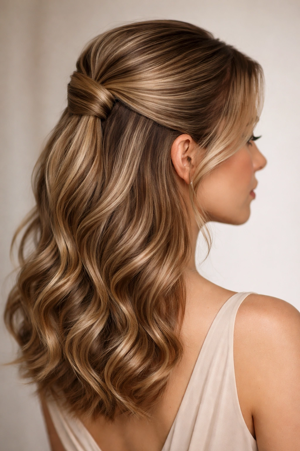 Waves with a structured half-up style showing a smooth top and soft waves below
