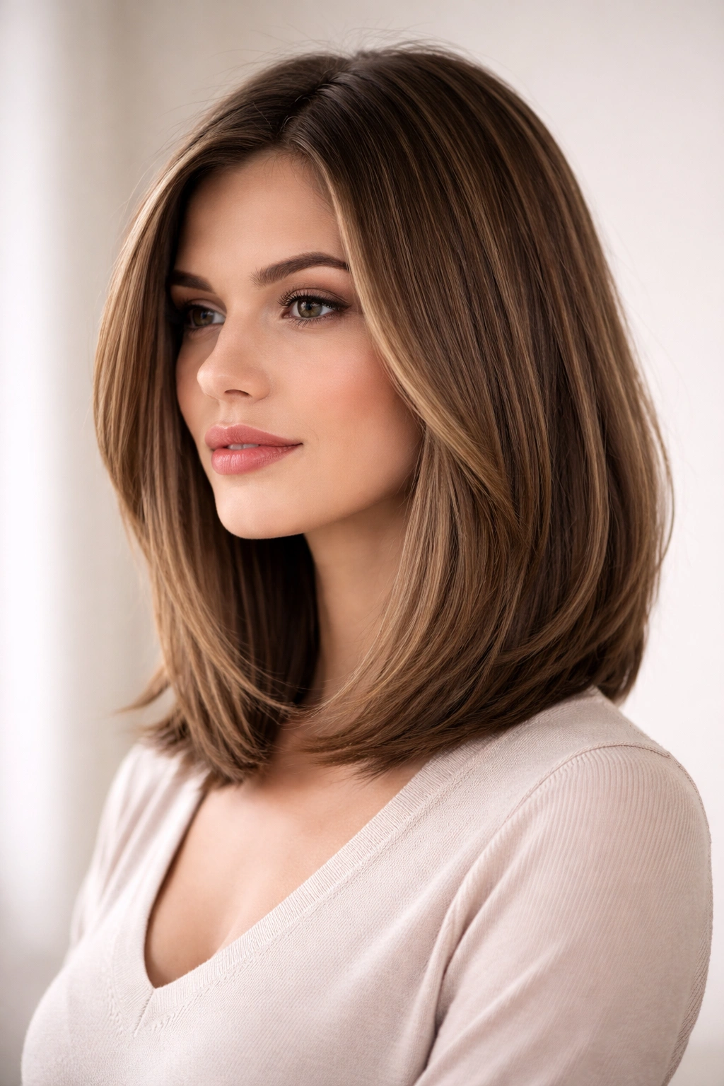 Shoulder-length lob with architectural, precise layers and clean lines