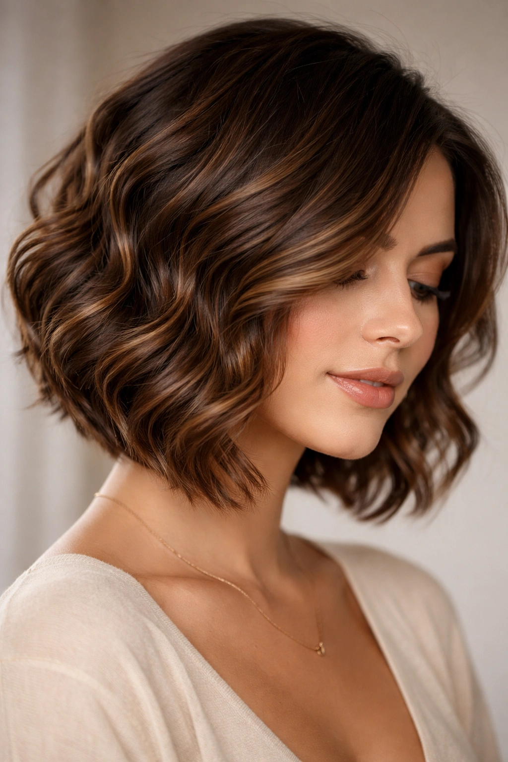 Layered bob with defined waves and honey brown highlights