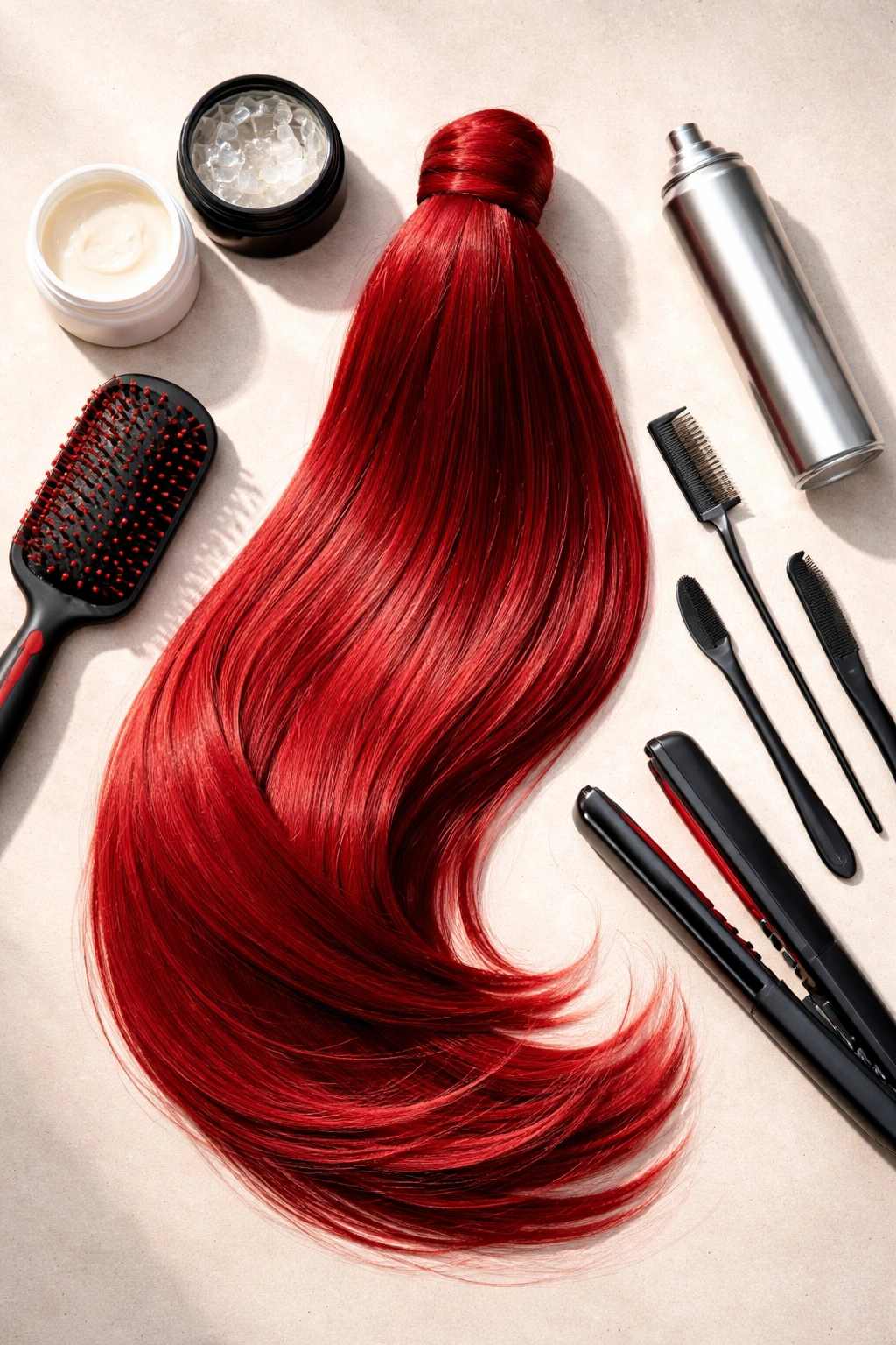 Smoothing creams, edge control, and hairspray near a sleek red weave ponytail.