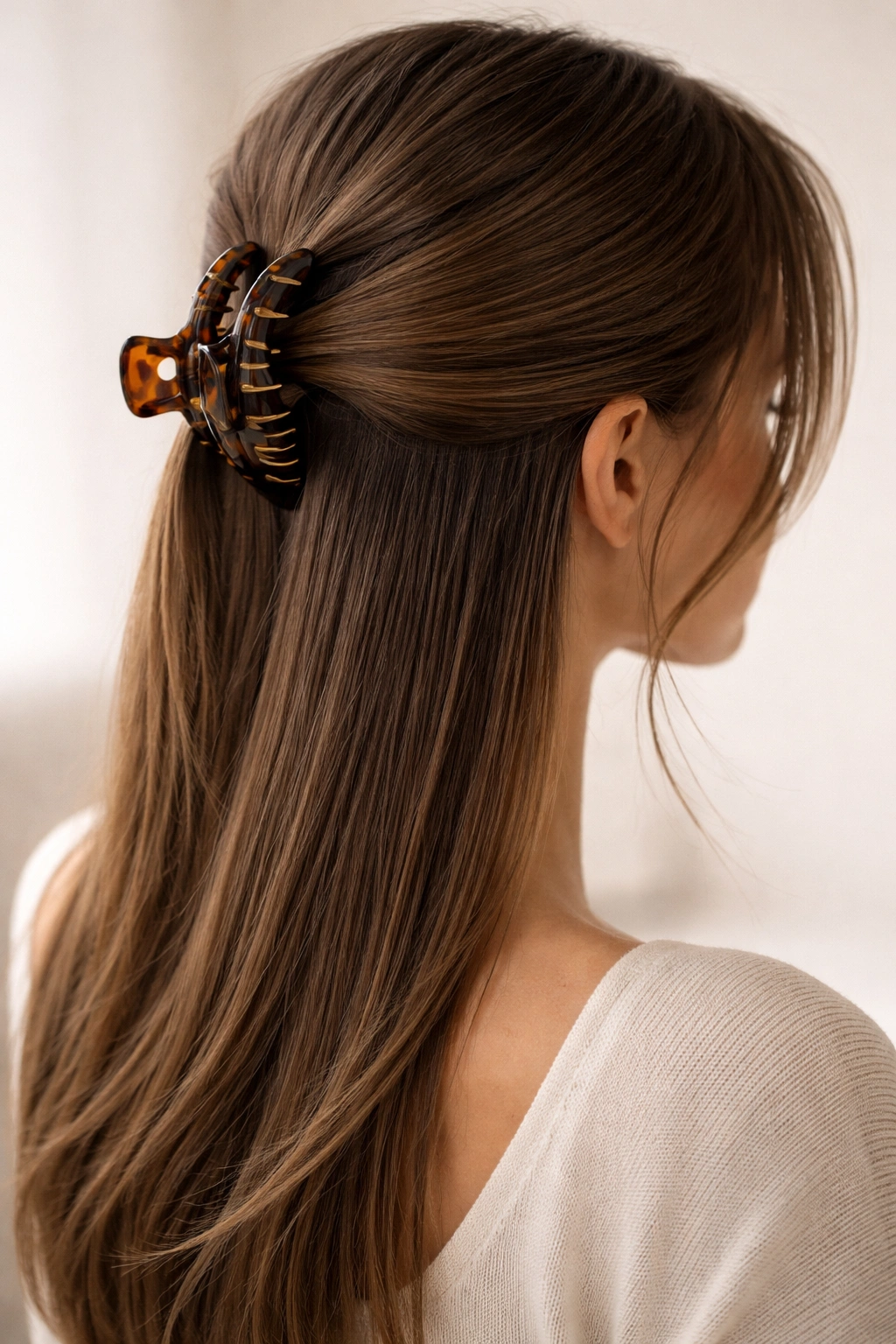 Close-up of straight hair with a claw clip secured deep for secure styling