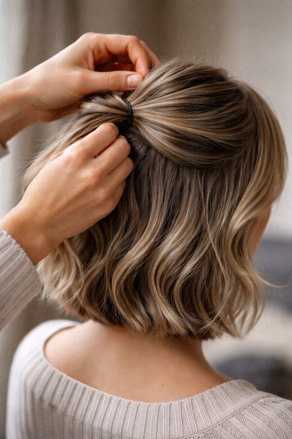 Hands shaping half ponytail on textured bob