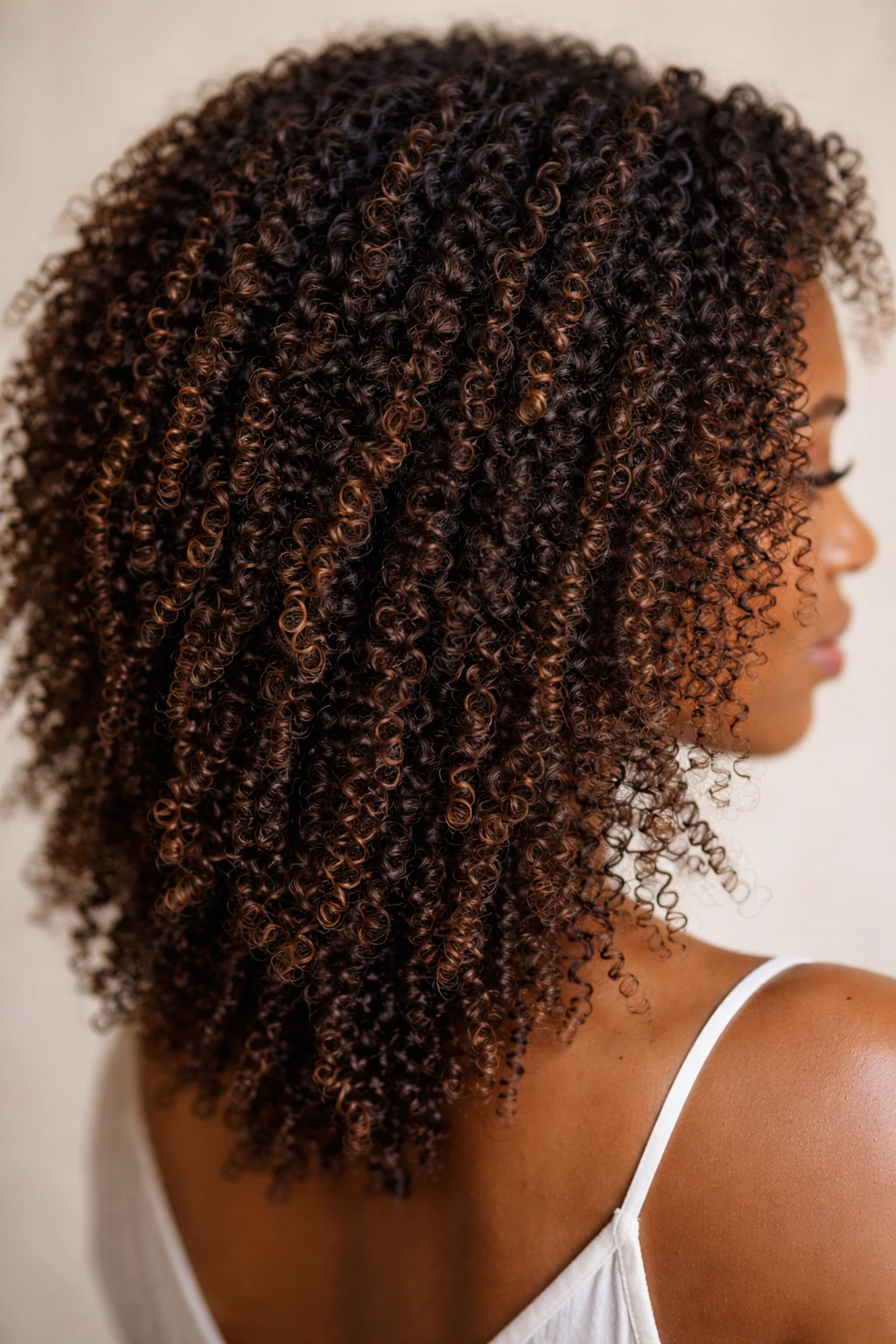 Coiled hair with delicate babylights adding texture and depth