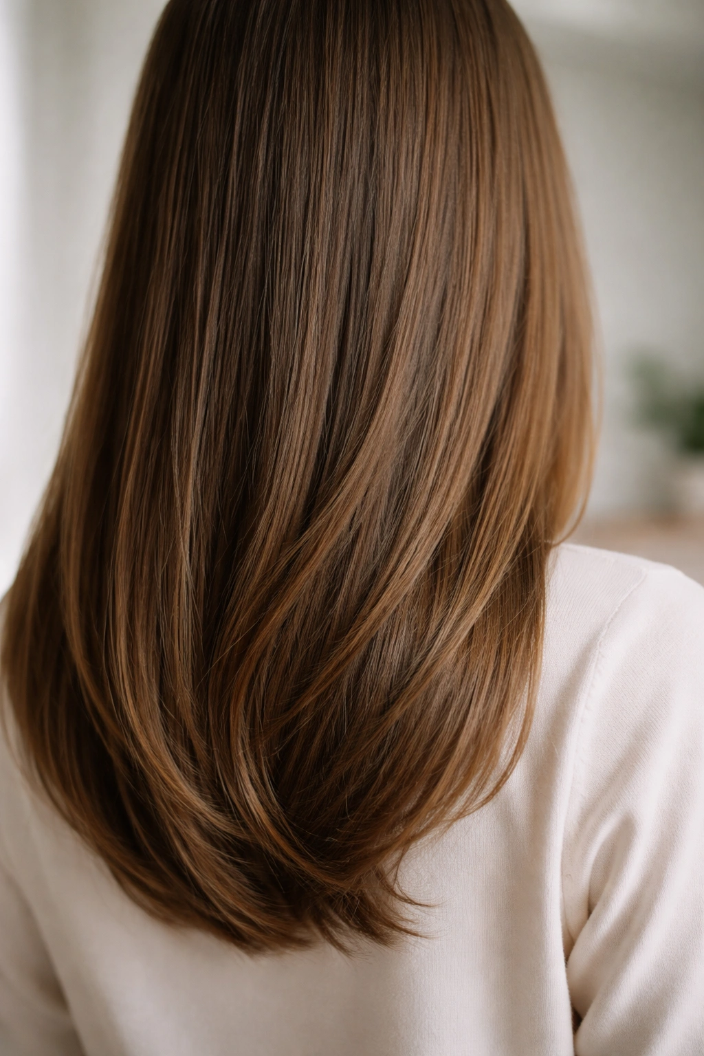 Straight hair with a barely-there bend at the ends catching light.