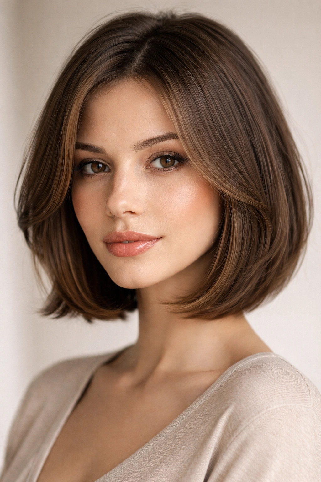 Chin-length bob with face-framing butterfly layers on straight hair