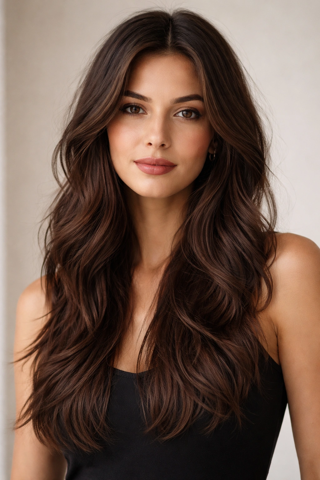 Brunette hair with subtle choppy layers and cascading waves