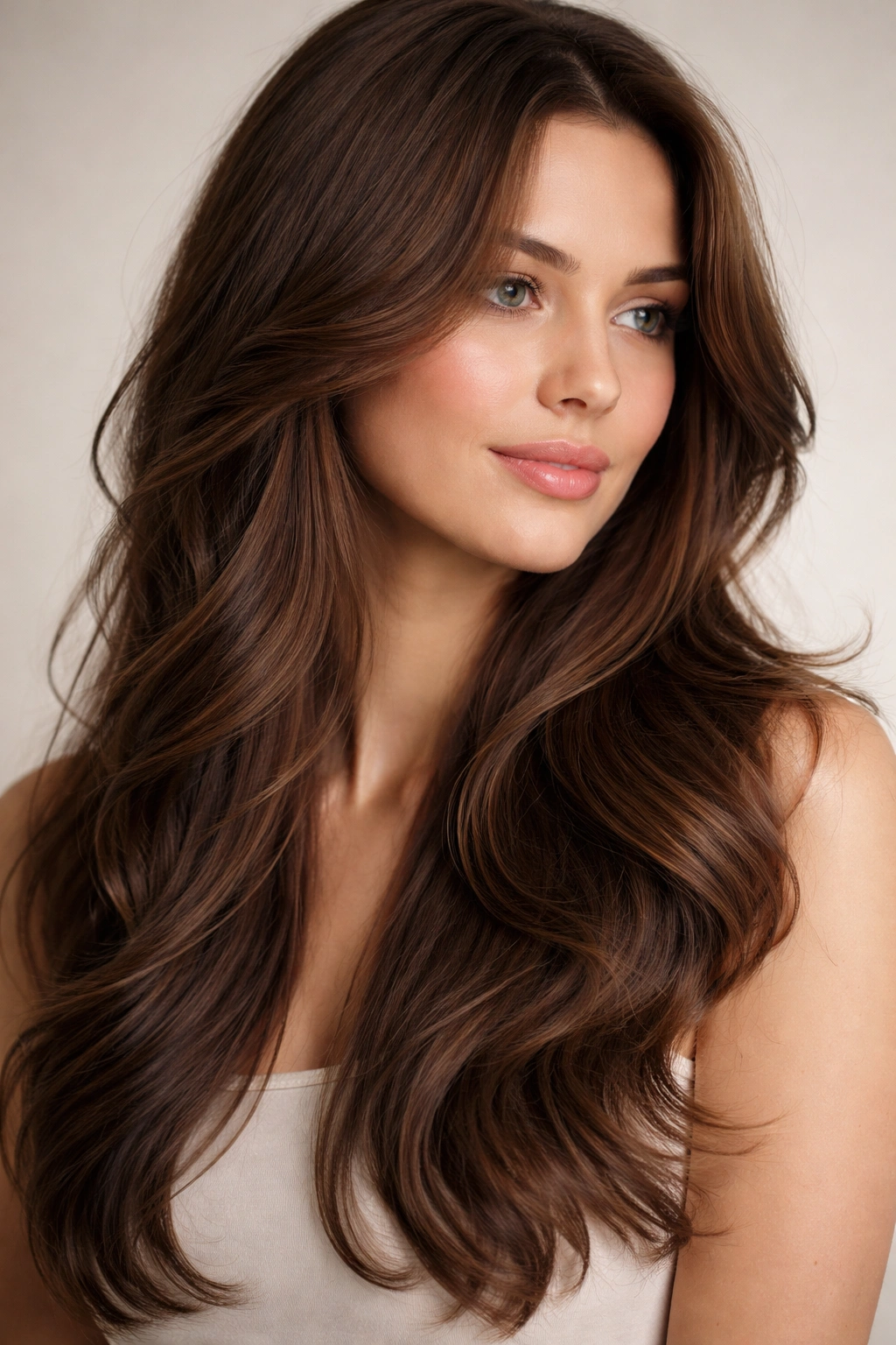 Close-up side view of a model showing subtle face-framing underlayers in brown hair
