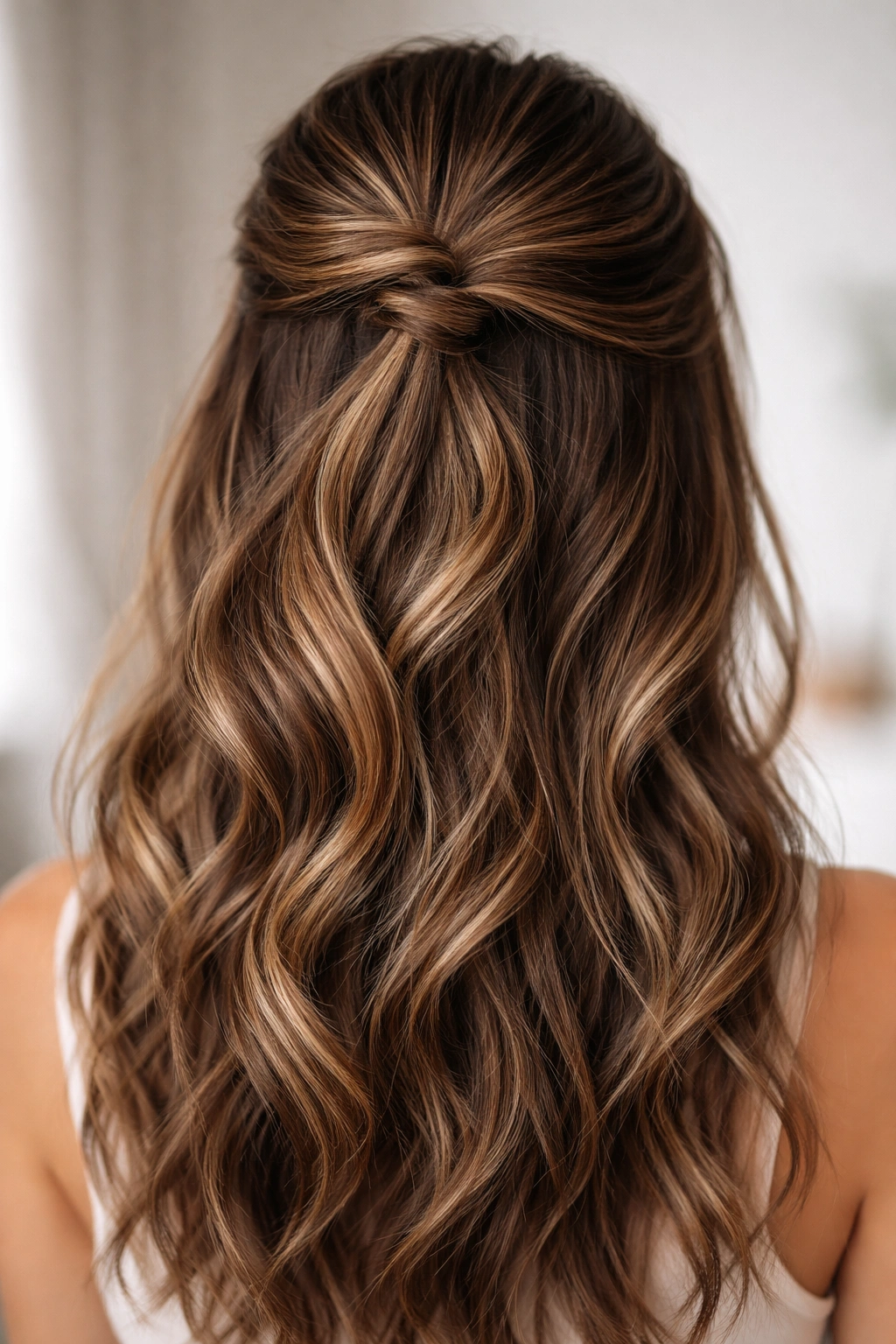 Front view of hair with subtle highlights visible in half-up style