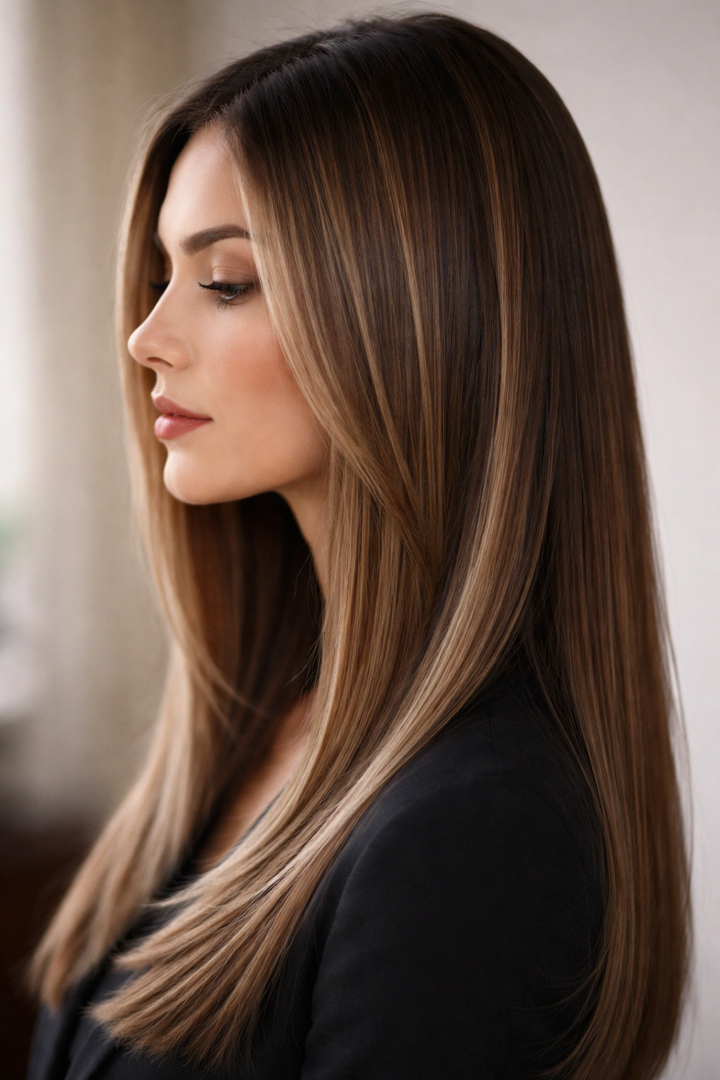 Side profile of straight hair with subtle face-framing highlights.