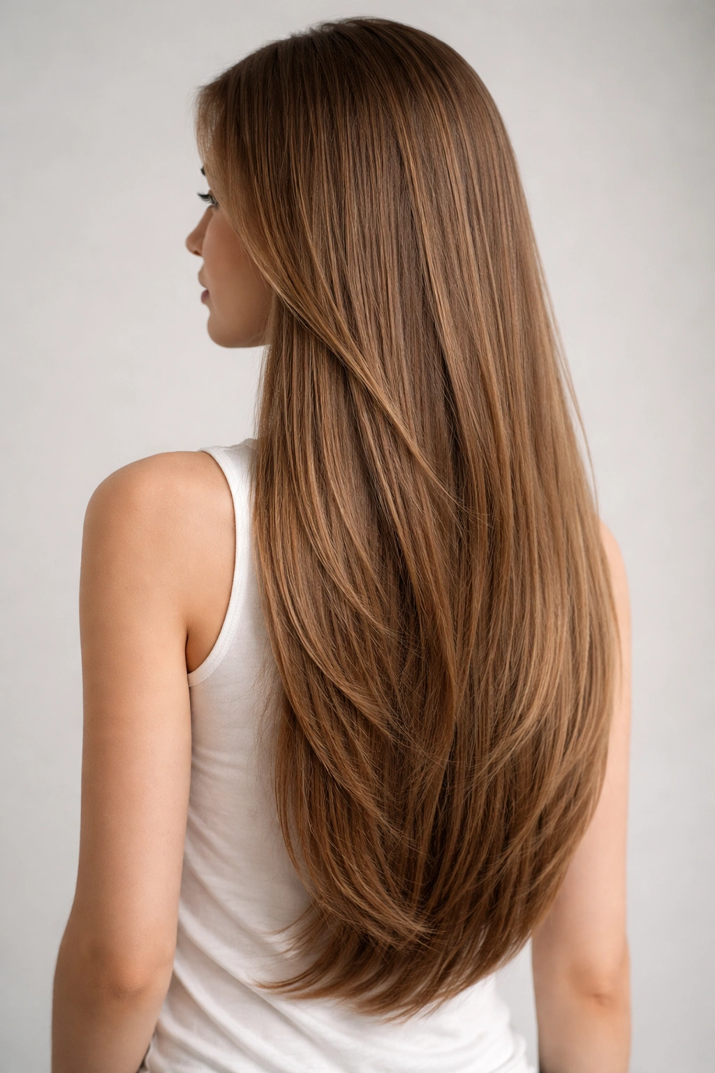 Long straight hair with subtle long layers showing gentle texture
