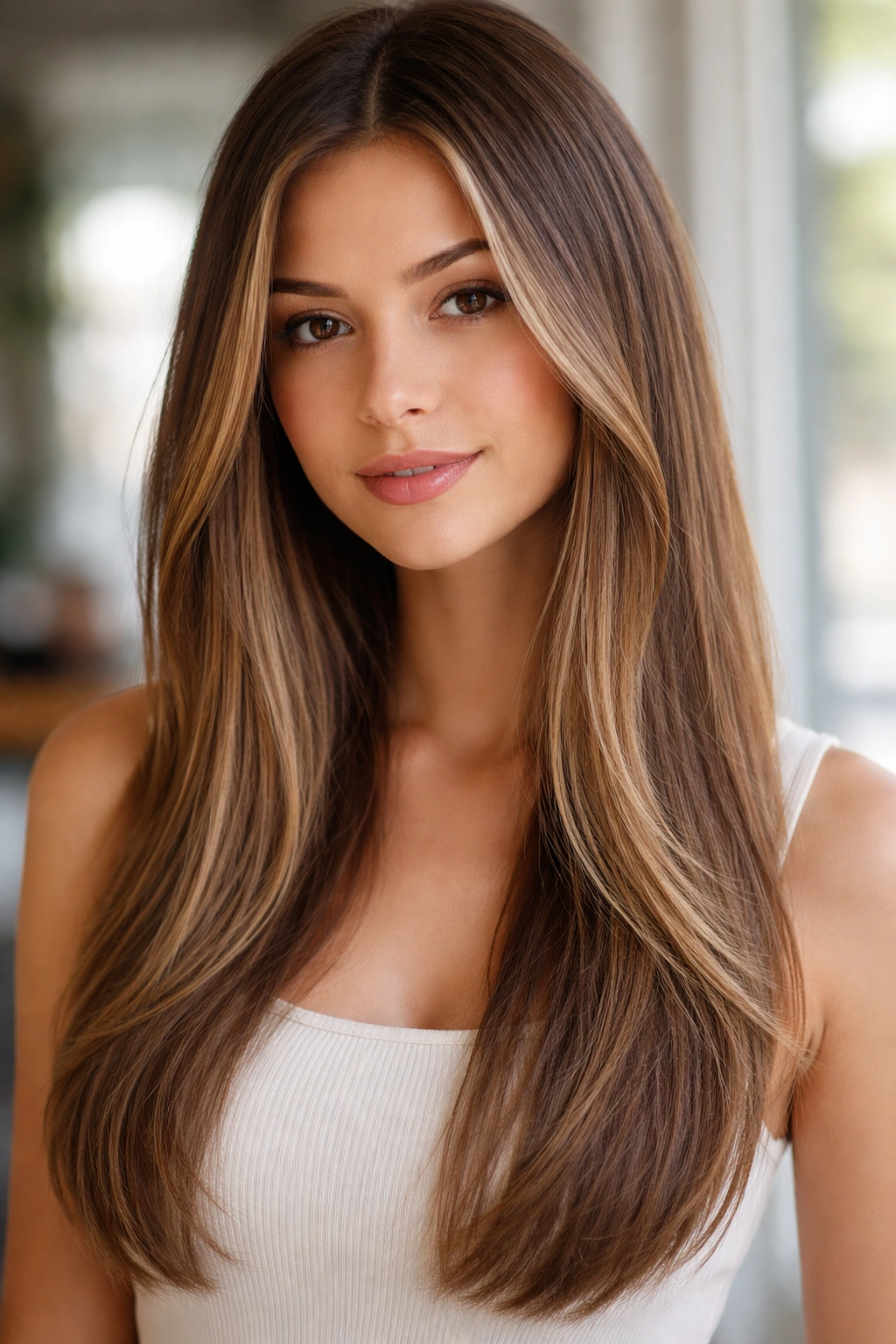 Portrait of straight hair with subtle lived-in balayage and minimal highlights