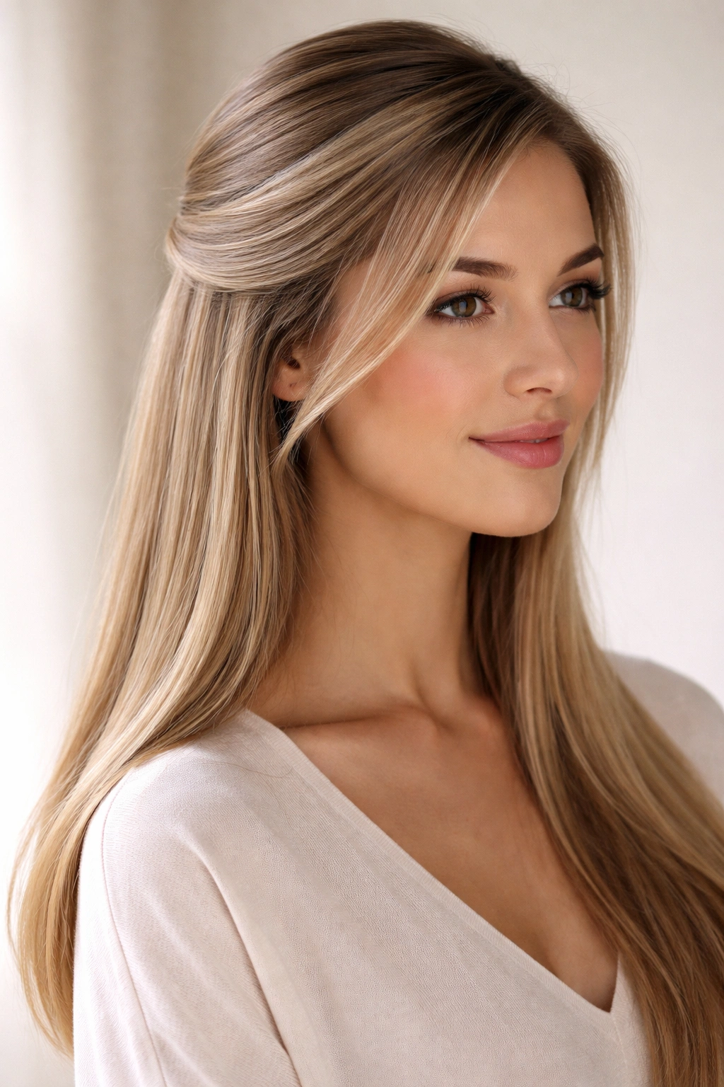 Close-up of a subtle side swoop on straight hair with soft lighting