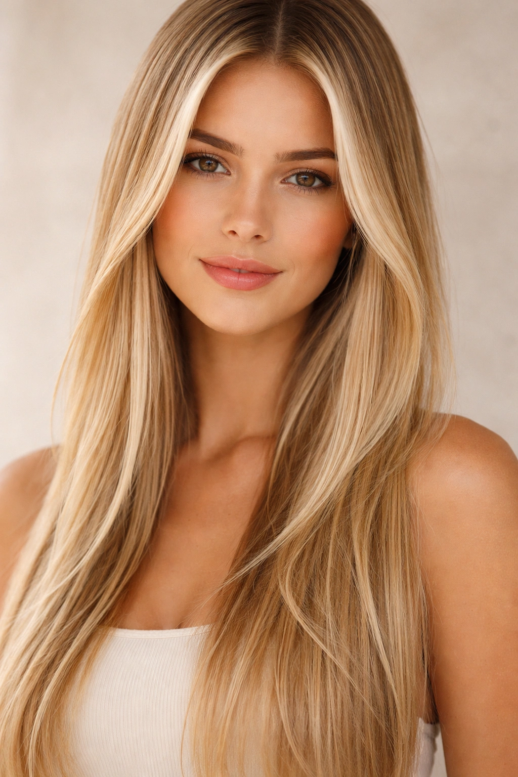 Close-up of sun-kissed blonde highlights framing the face on straight hair.
