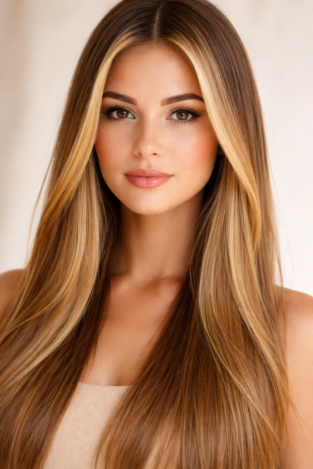 Close-up of sun-kissed golden money pieces framing straight hair with bright warmth