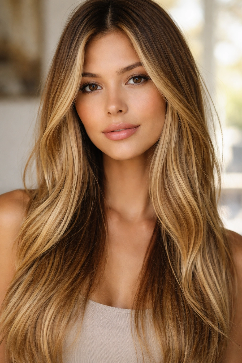 Straight hair with sun-kissed honey blonde highlights around the face and ends with darker roots