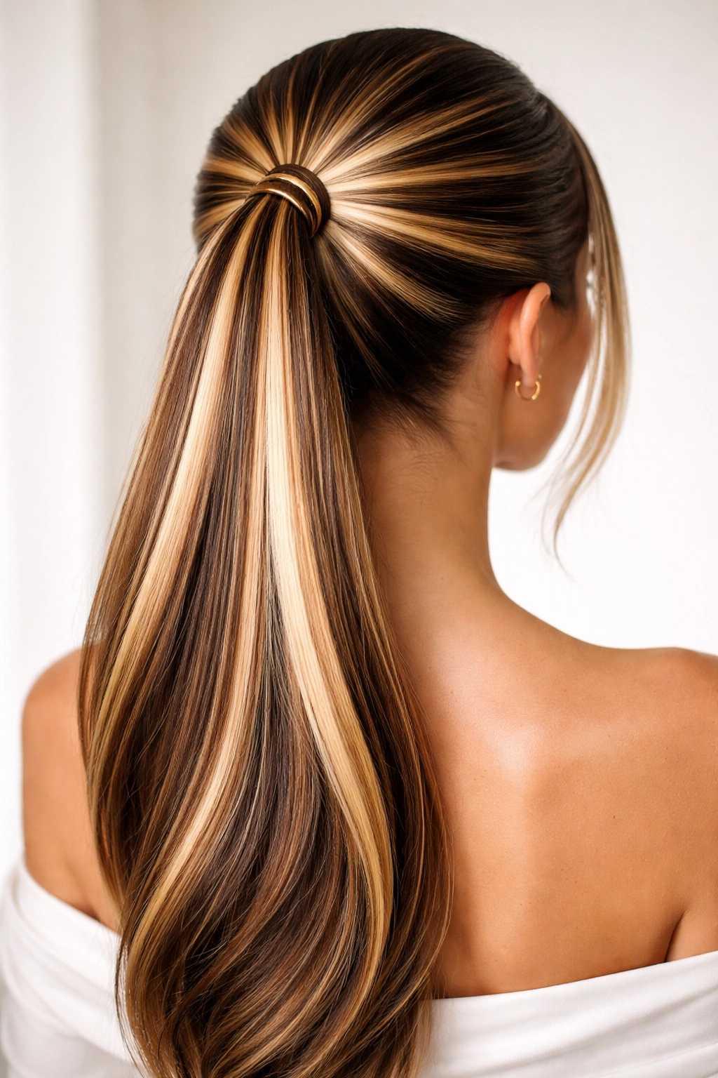 Ponytail with sun-ray radiating highlights from the center