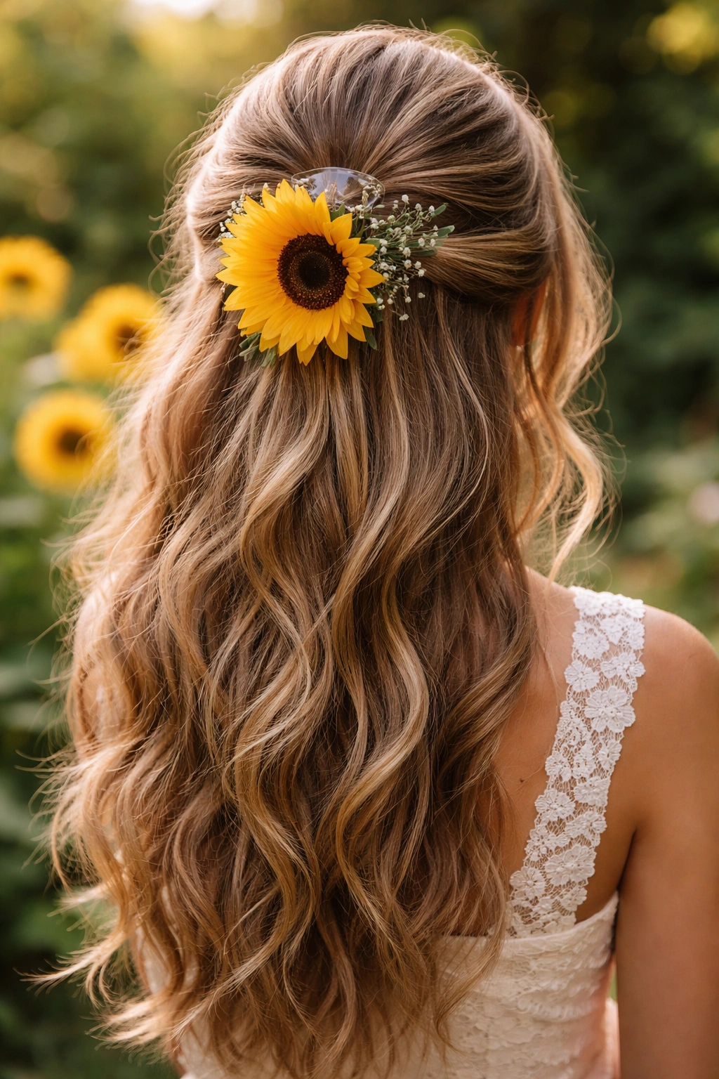 Half-up hairstyle with a sunflower tucked into a claw clip
