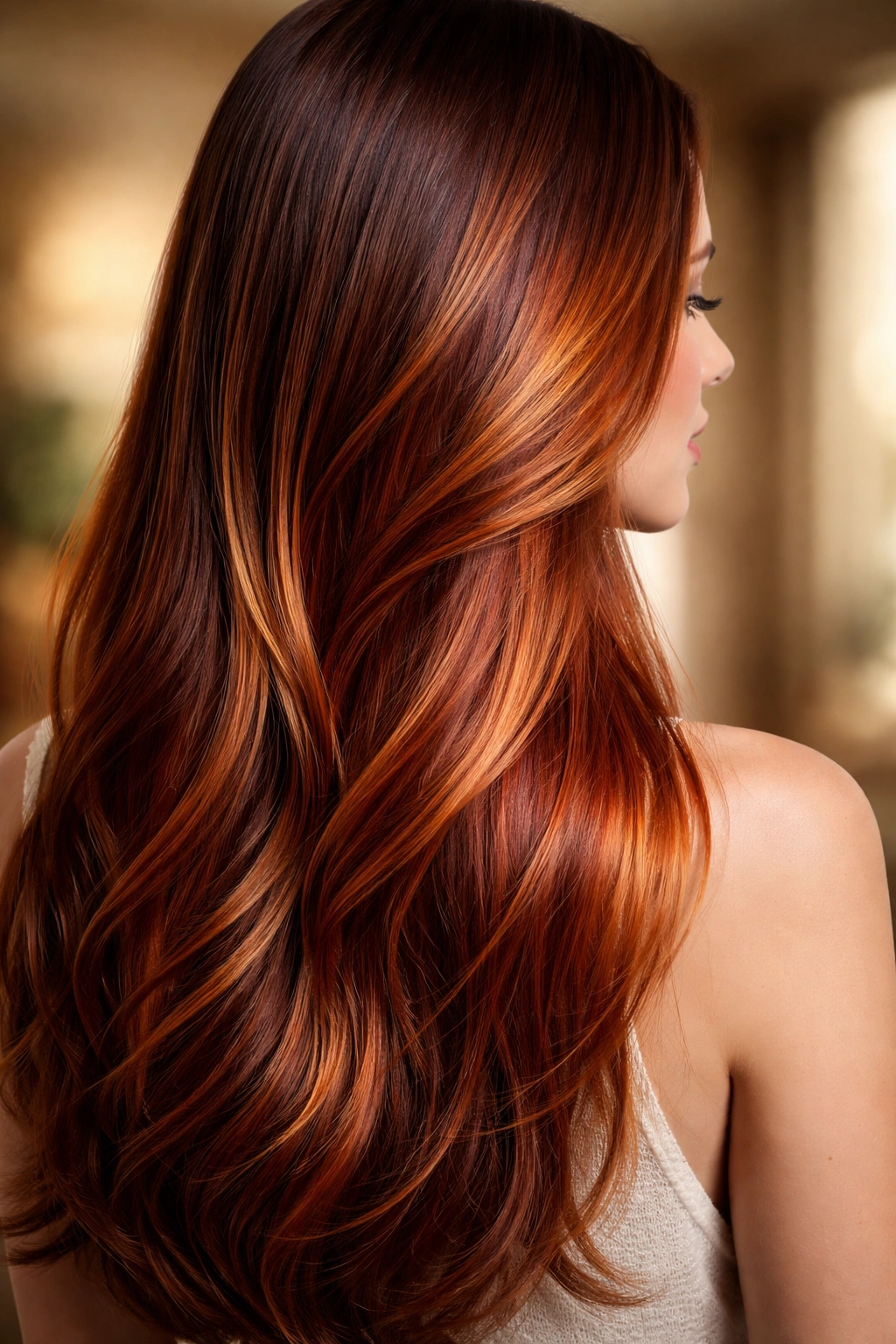 Close-up of straight hair with sunset copper balayage showing gradient warm tones