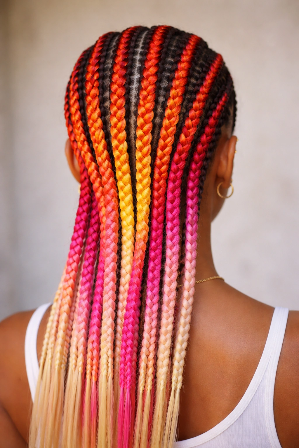 Close-up of sunset ombre feed-in cornrows with orange to pink gradient
