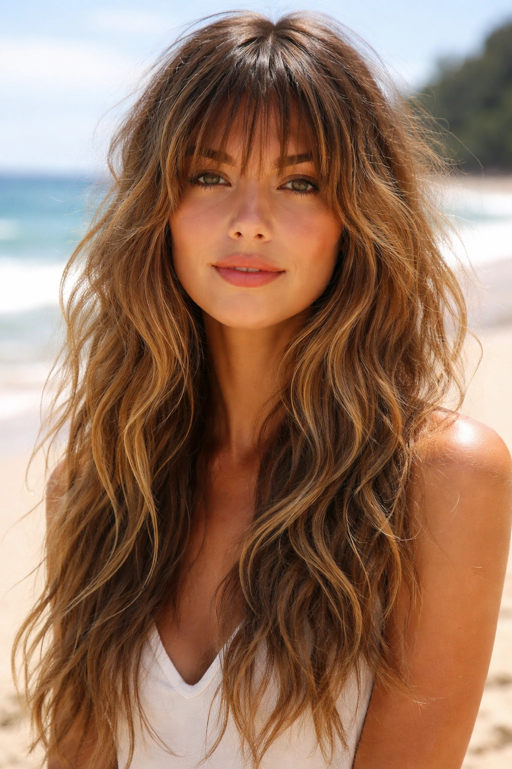 Head-and-shoulders portrait of surf-inspired waves with shaggy bangs