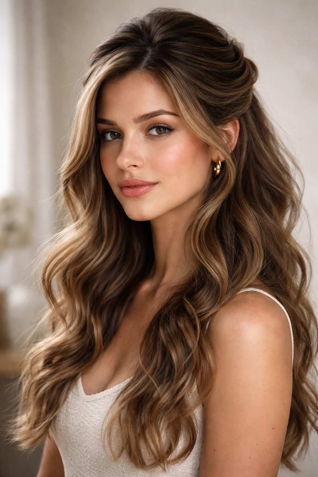 Portrait of a person with wavy hair in a swoop half up half down style under soft studio lighting