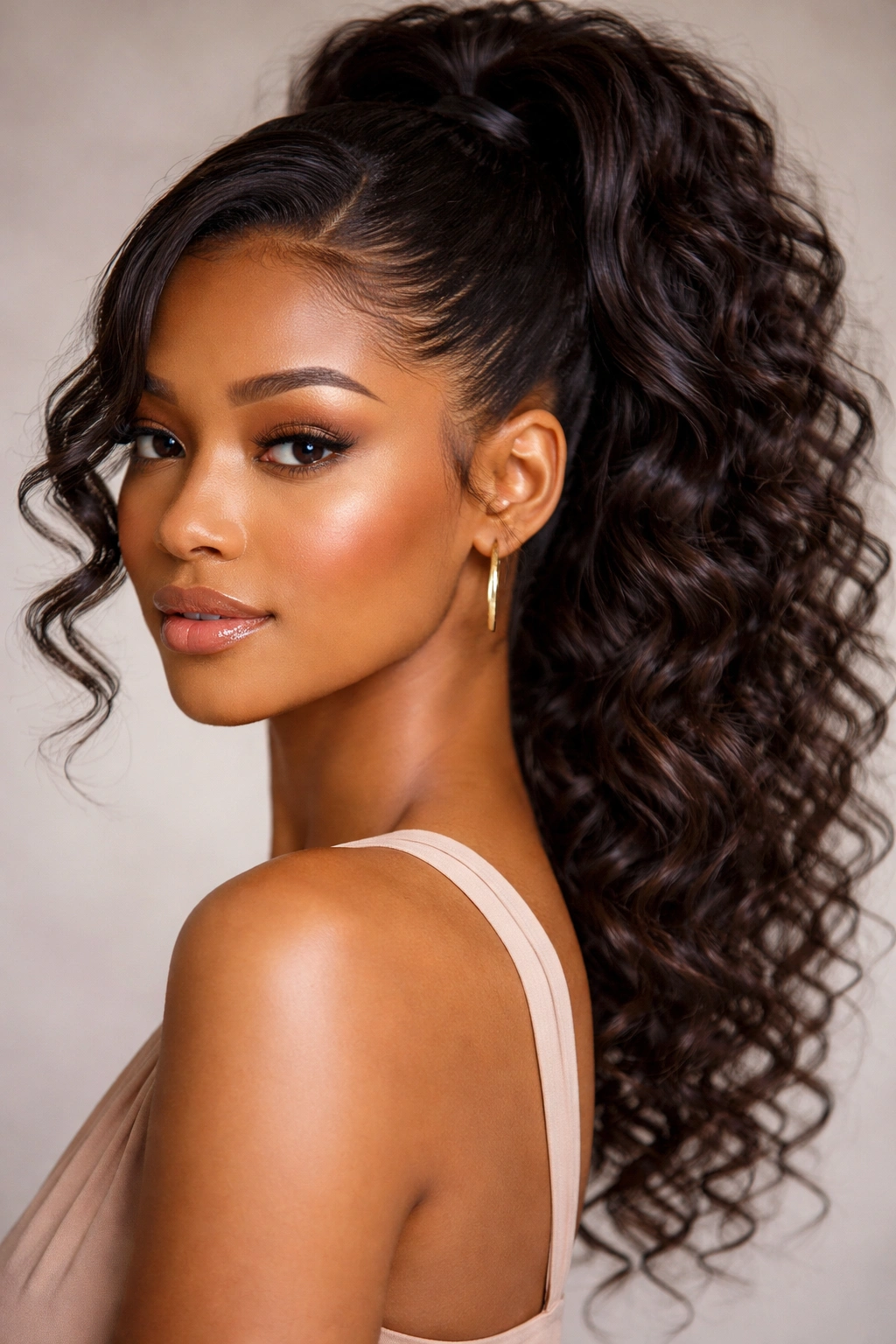 Close-up of a high ponytail with face-framing curly swoop on curly hair