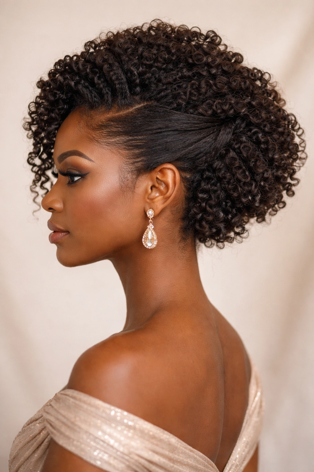 Asymmetrical swooped updo showcasing flowing coils