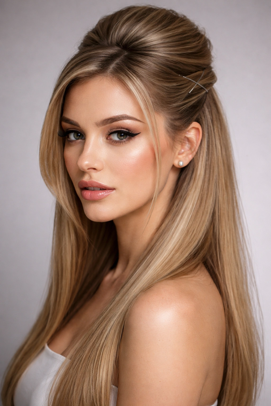 Close-up of high crown swoop on straight hair with backcombed crown and pinned securement.