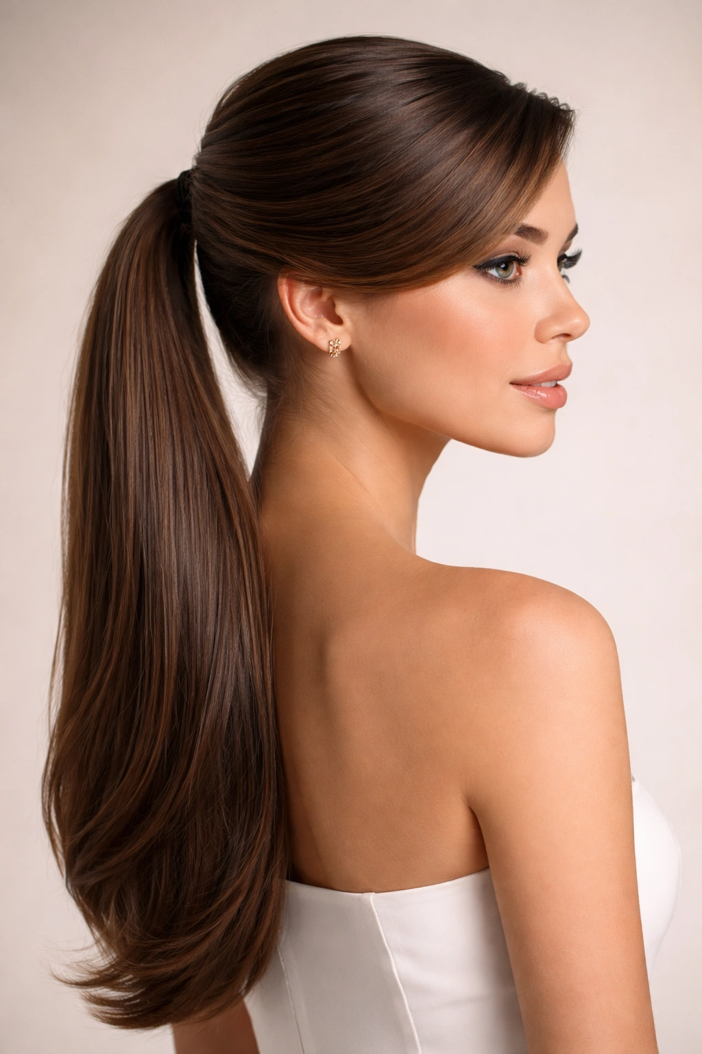 Profile view of swooped hair forming a low ponytail at the nape with a curved swoop.