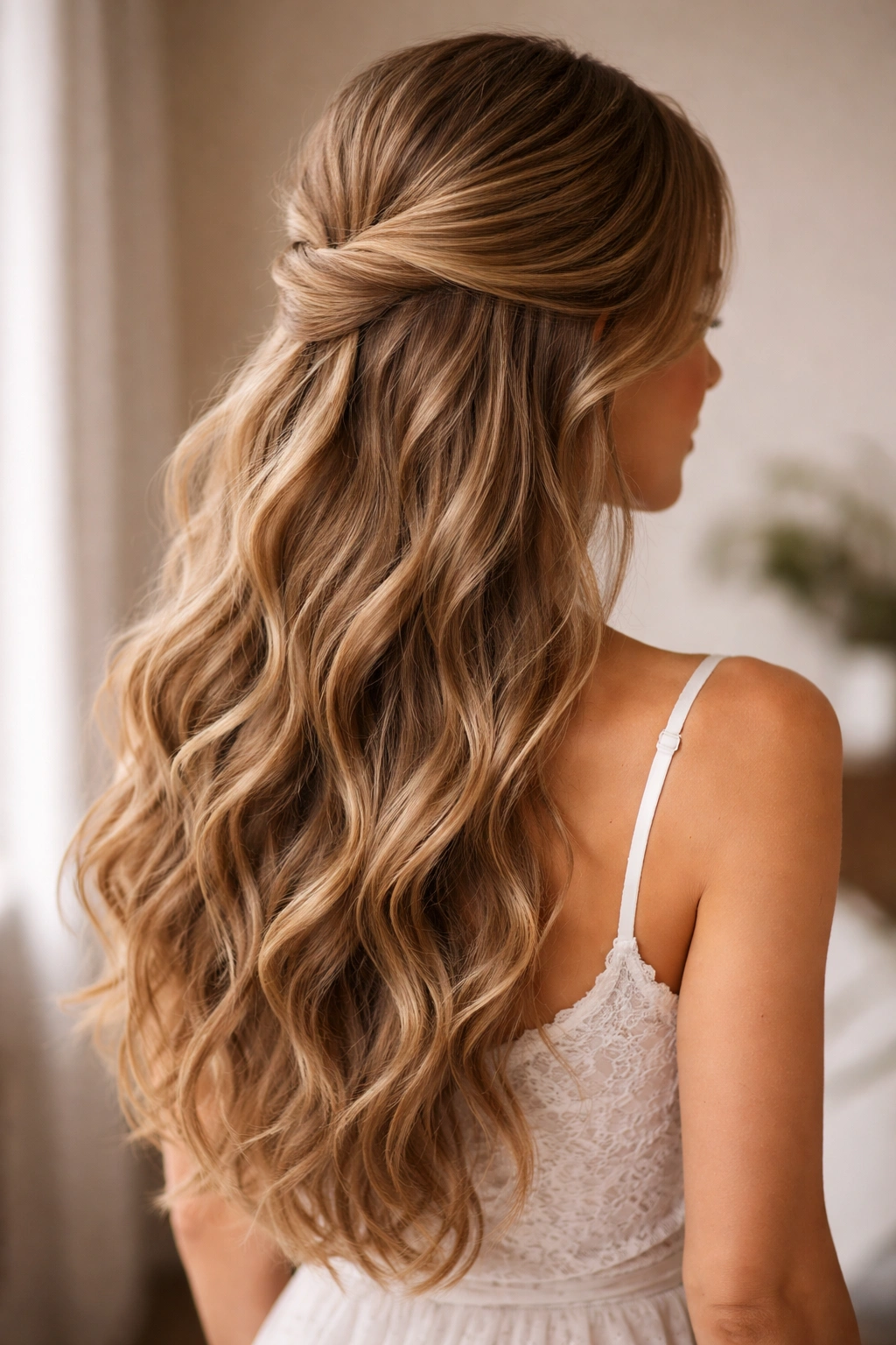 Wavy hair swooped to one side in a half-up style with a dramatic diagonal sweep